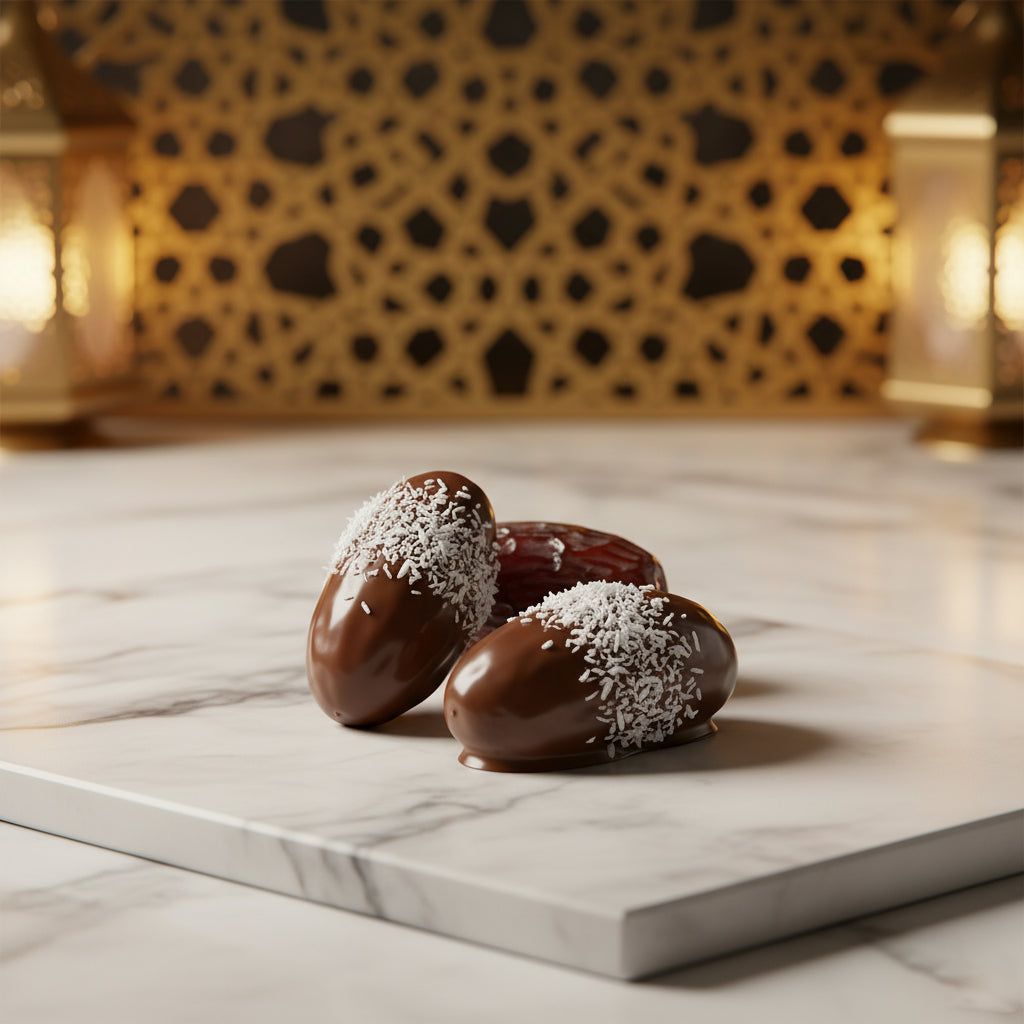 Dates Dipped in Chocolate with White Coconuts